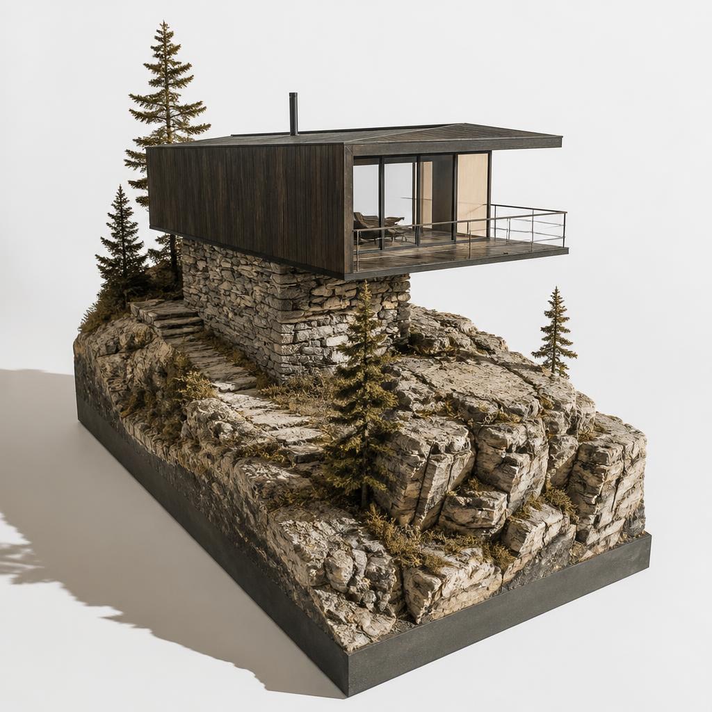 Maquette du Belvédère : boîte de bois sombre en porte-à-faux sur un socle de pierre sèche.