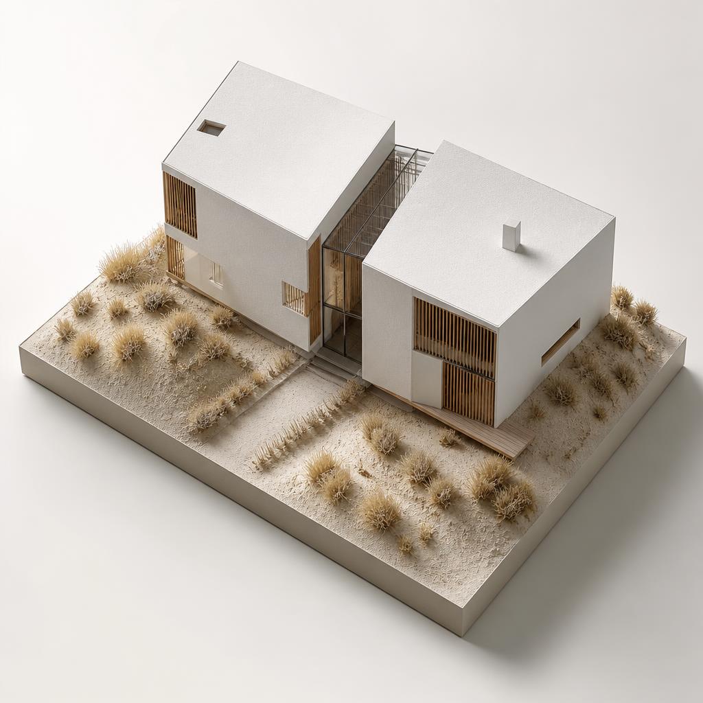 Maquette de la Maison Faille : deux volumes blancs séparés par une faille vitrée, dunes et oyats.